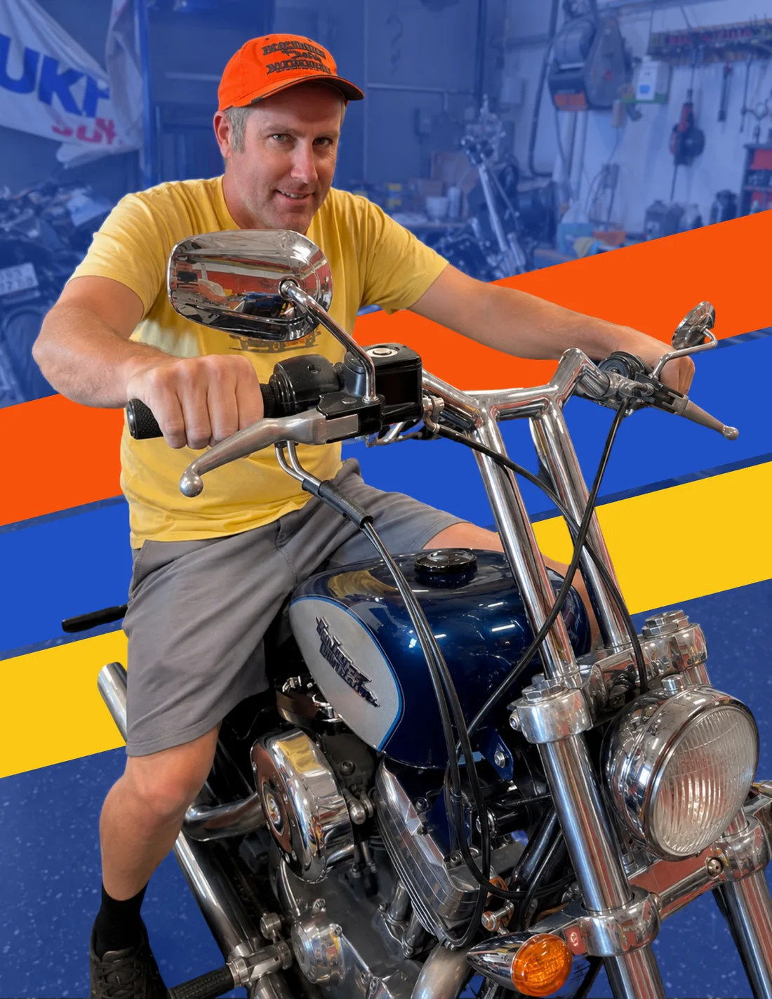 The owner on a bike he graded himself, wearing the official uniform of guys who peaked responsibly