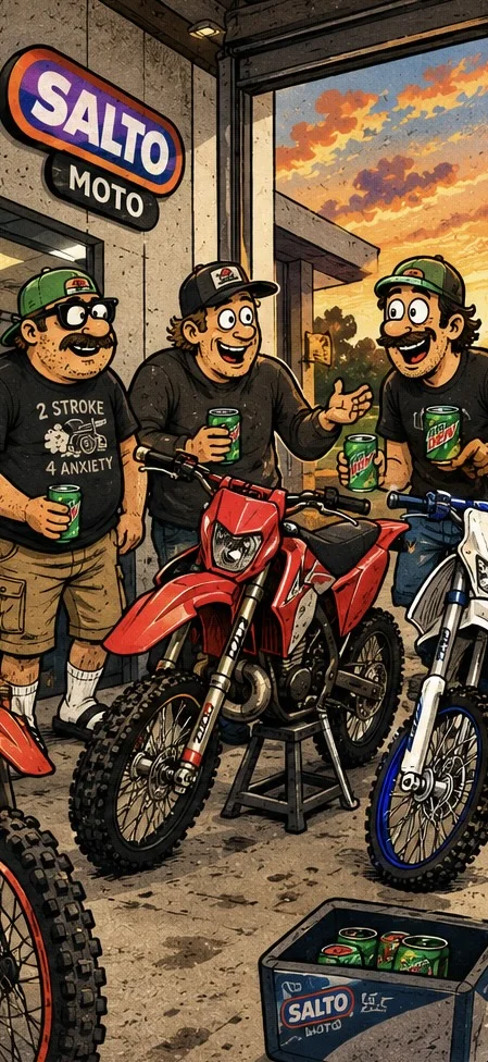 Three men achieving peak coolness adjacent to motorcycles, sponsored by Mountain Dew and anxiety