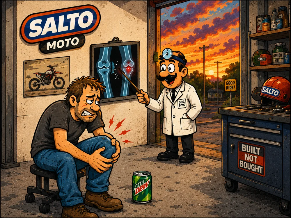 A doctor pointing at a knee X-ray, diagnosing a severe case of not riding enough