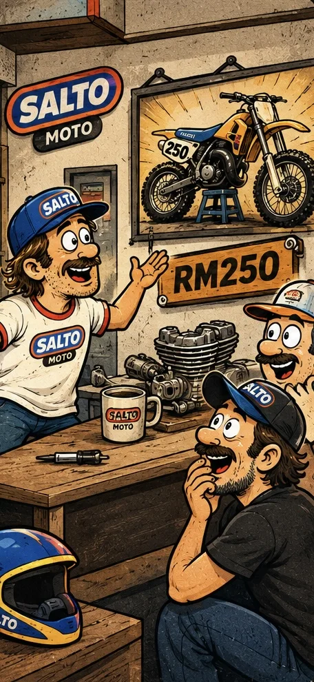 A man mid-testimony about his 1998 RM250 while two others provide professional-grade gasping