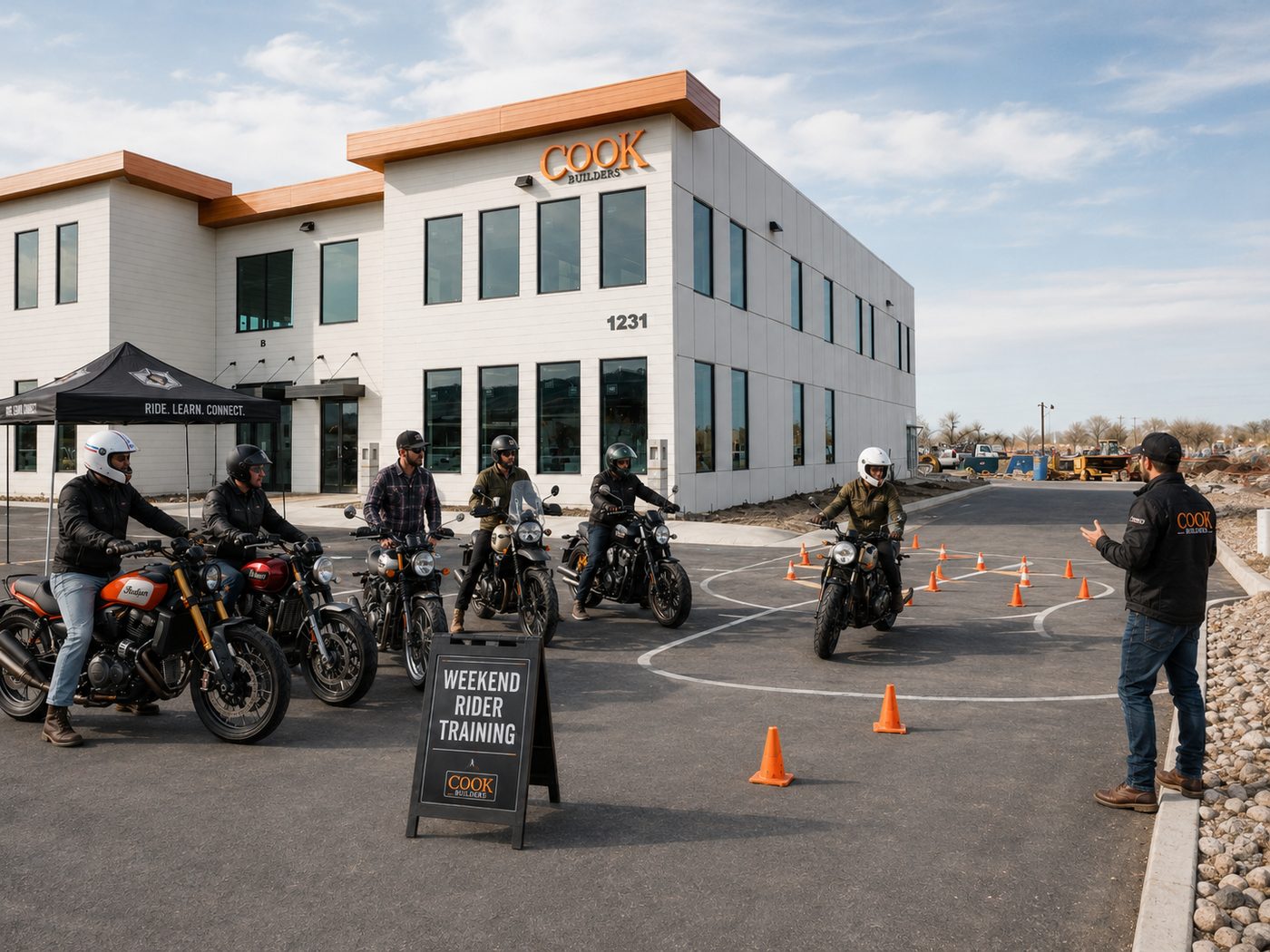 Riders lined up at the start of a training course beside the Weekend Rider Training sign