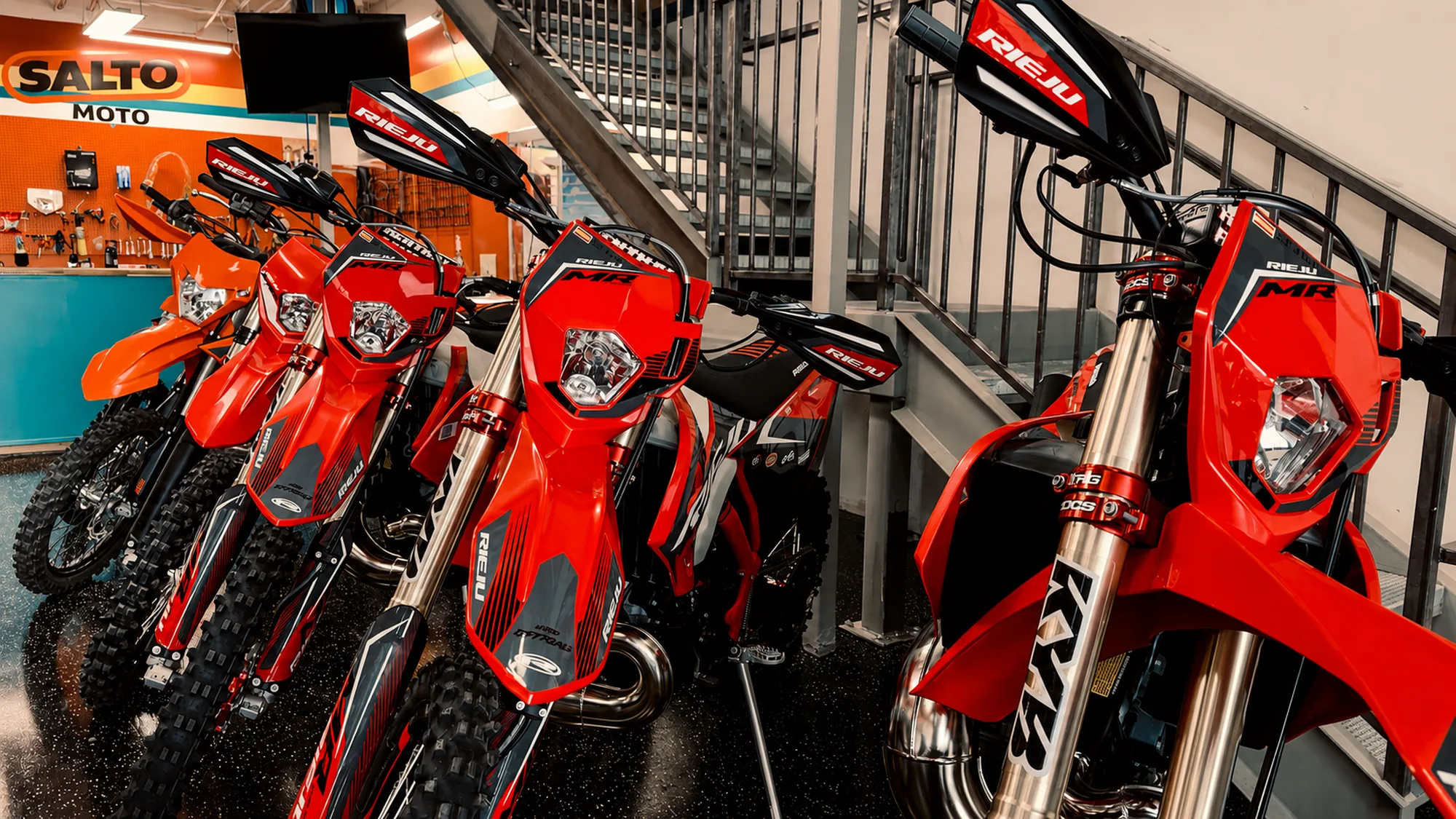Rieju MR machines lined up on the Salto Moto floor