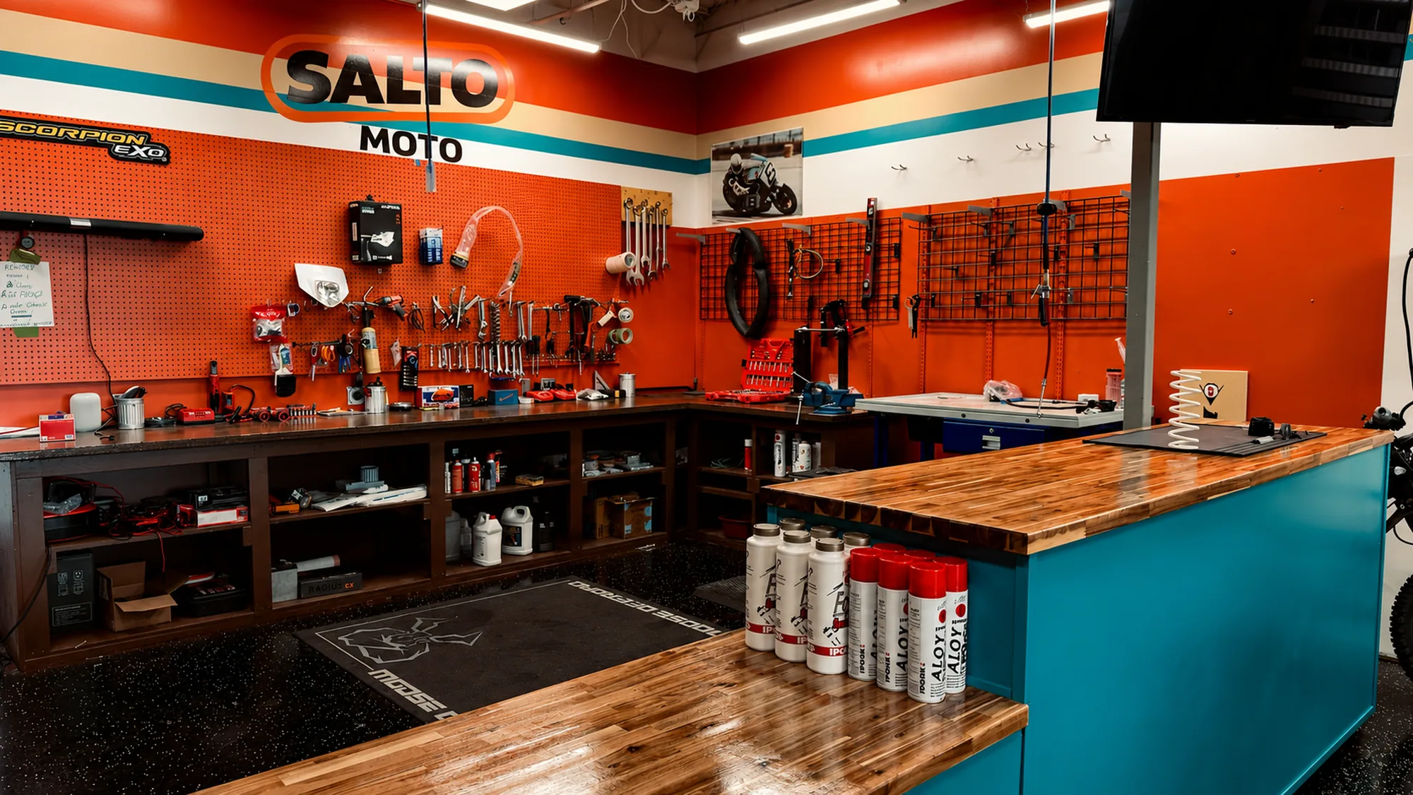 The service bench and tool wall at Salto Moto