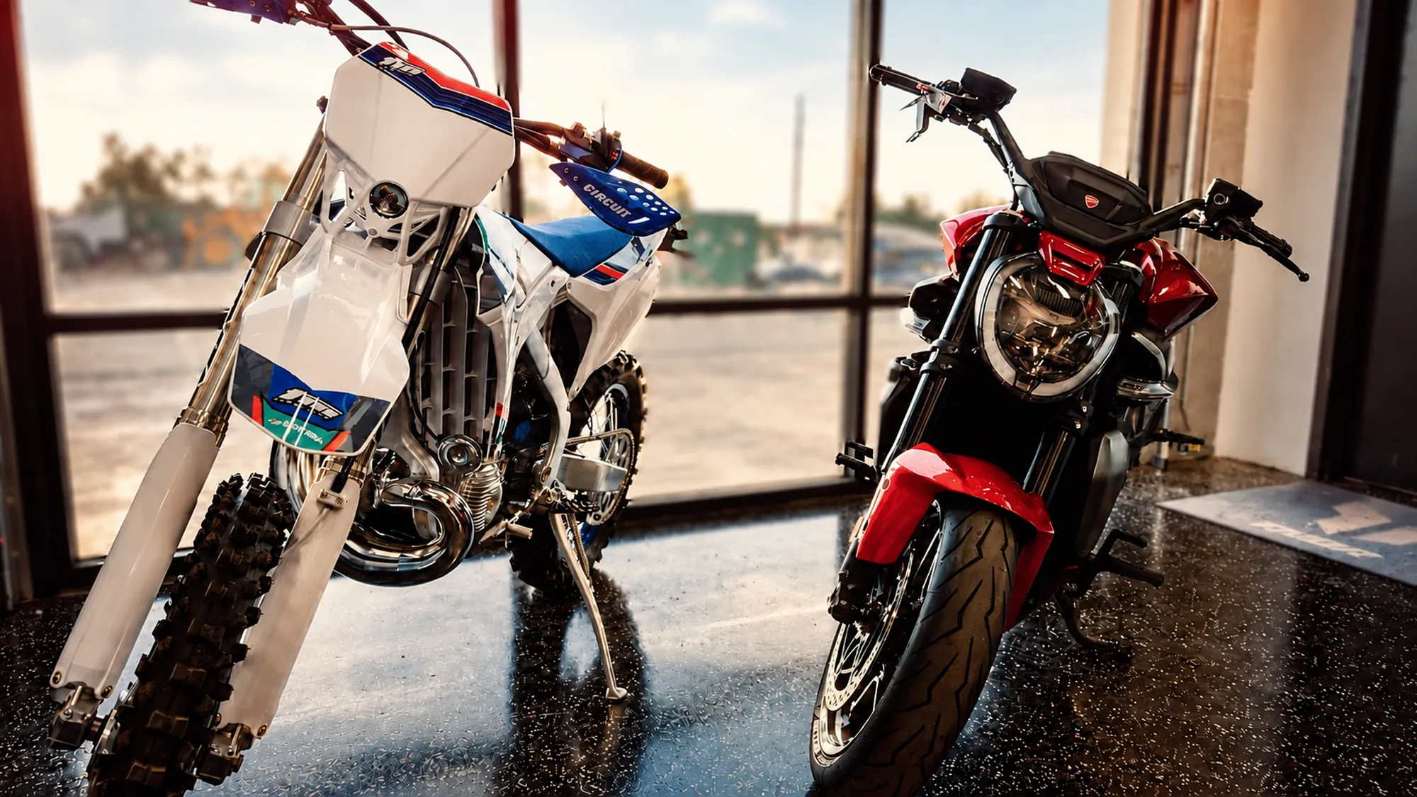 A TM Racing enduro and a Ducati Monster in the Salto Moto window